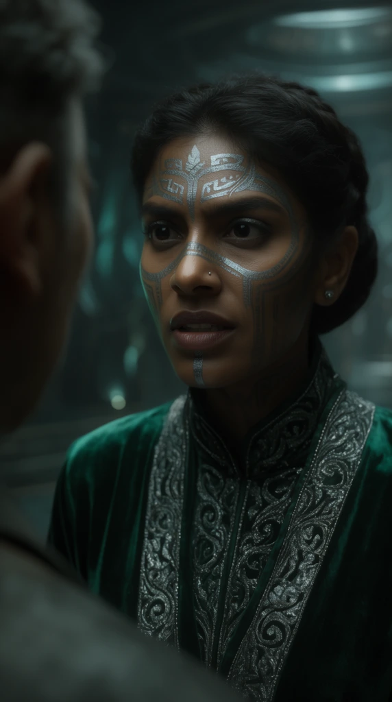 A cinematic over-the-shoulder close-up features a South Asian woman with silver facial tattoos staring intensely at a blurred figure in the foreground. She wears a high-collared emerald green velvet robe with heavy silver embroidery. Soft teal ambient light highlights her sharp features against a shadowy, futuristic chamber. Shallow depth of field and dramatic chiaroscuro lighting emphasize her fierce emotional expression.