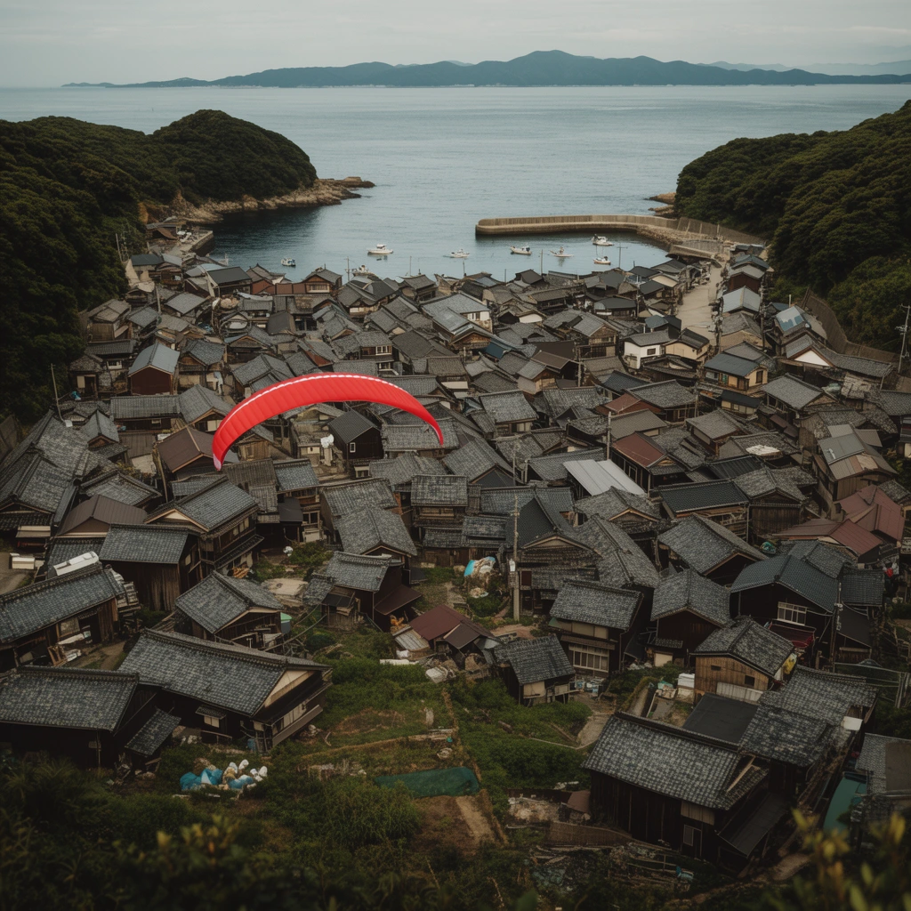 aerial view of a traditional coastal fishing village in a lush green valley, densely packed wooden houses with dark grey tiled roofs, a bright red paraglider soaring low over the architecture, calm ocean bay with a small concrete breakwater and anchored white boats, distant mountainous shoreline across the water, cinematic wide shot, muted earthy color palette, soft overcast lighting