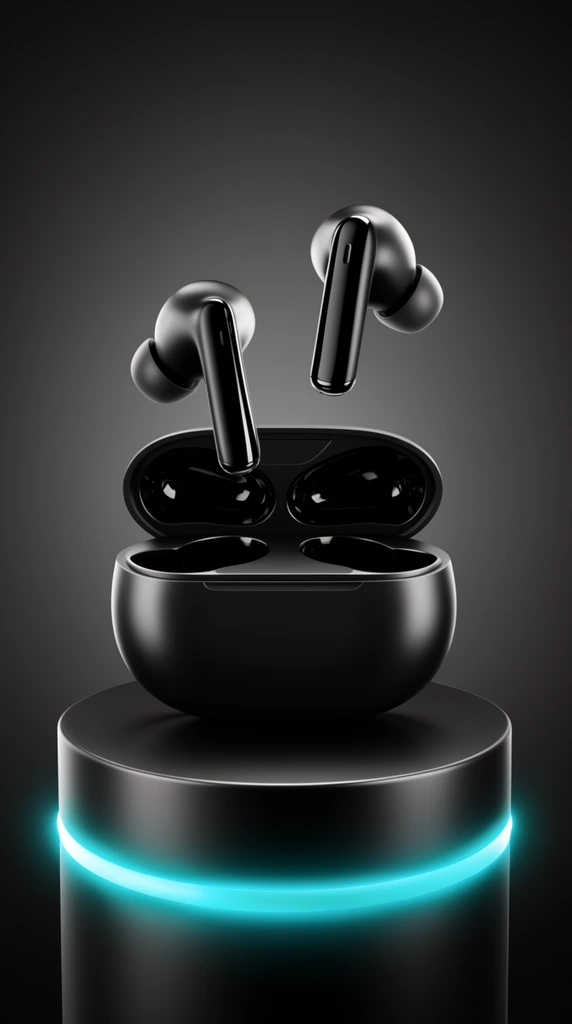 black wireless earbuds hovering above an open charging case, black cylindrical pedestal accented by a glowing cyan neon ring, dark grey gradient background, dramatic studio lighting, glossy and matte textures, sleek product photography