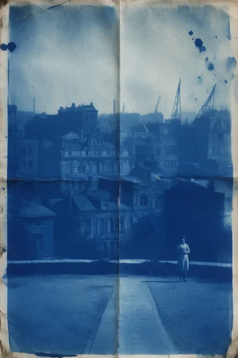 Archival Cyanotype Glitch style reference image — Prussian blue cyanotype