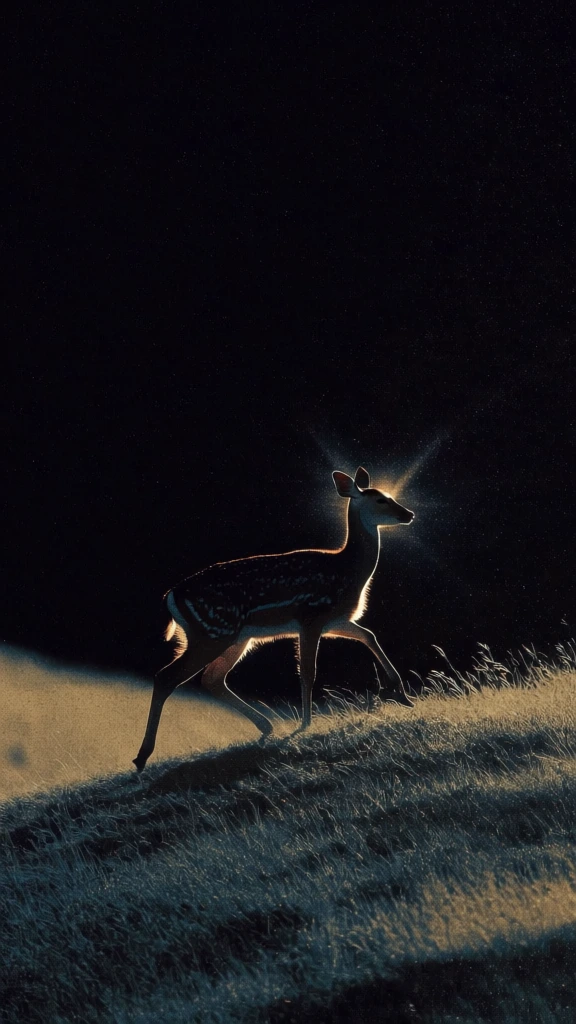 a young spotted deer captured mid-stride atop a dark sloped grassy ridge, dramatic cinematic lighting with sharp golden rim highlights on the animal's silhouette, deep moody shadows, heavy film grain and analog texture, minimalist composition with vast negative space, a radiant starburst flare exploding directly behind the deer, desaturated midnight blues and warm sepia tones, atmospheric haze, ultra-high contrast, painterly organic details, stippled light effects, surreal nighttime aesthetic.