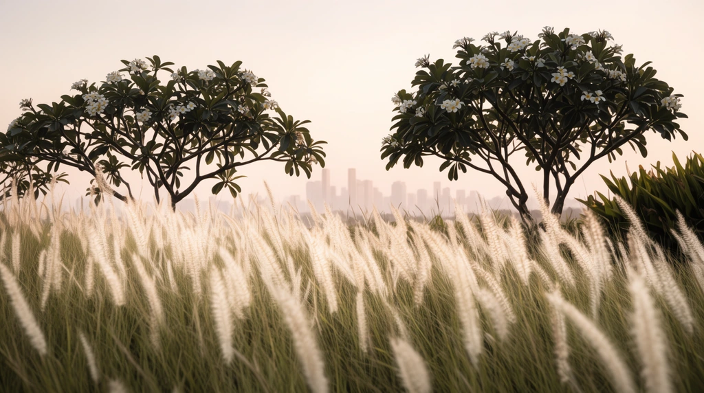 tall feathery grass with glowing white seed heads in foreground, two plumeria trees with white flowers, hazy distant city skyline, pale sky, low angle perspective, soft warm light, muted earthy colors