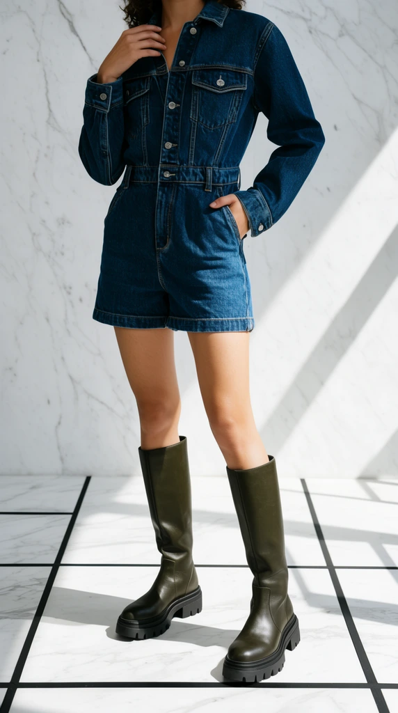 Framed from the neck down, a model wears a dark blue denim romper and knee-high dark olive leather boots with chunky lug soles. They stand against a minimalist white marble wall with one hand resting near the collar and the other tucked into a side pocket. The matching marble floor is intersected by stark black grid lines. Harsh, direct sunlight casts sharp diagonal shadows across the right side of the composition, emphasizing the textured denim and sleek leather in a crisp, high-contrast contemporary fashion photography style.