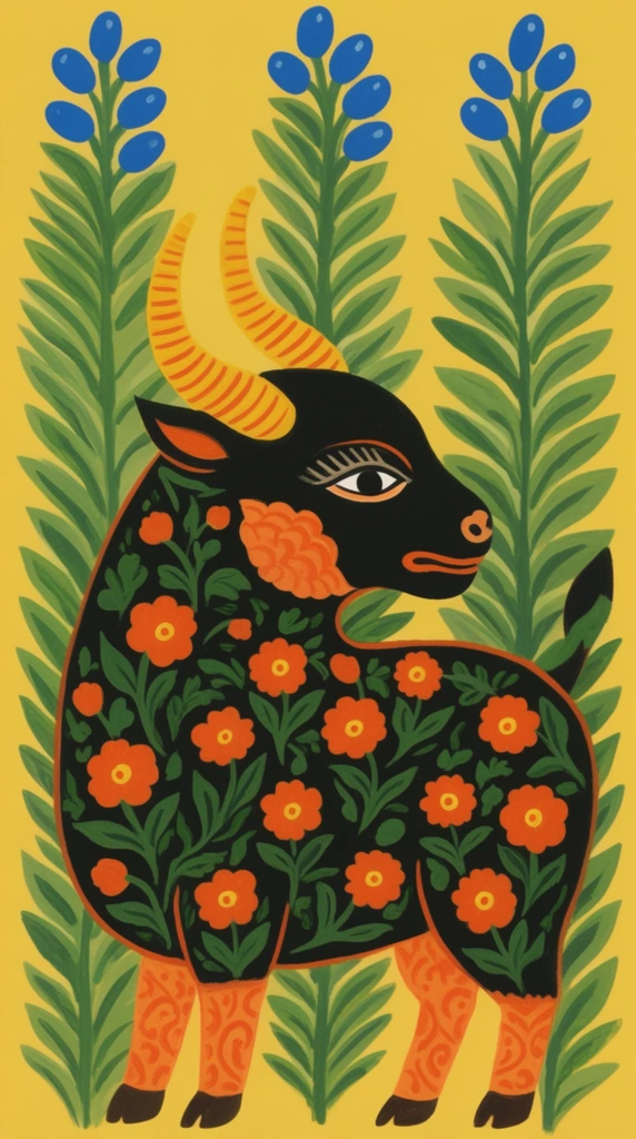 A stylized black mythological beast stands in profile against a flat yellow background in a naive folk-art style. The stout creature features backward-curving, orange-striped yellow horns, and its dark body is densely ornamented with bright orange flowers and green leaves. It has patterned orange legs, a prominent human-like eye with thick lashes, and a scalloped cheek flap. The animal is framed by three tall, symmetrical green fern-like plants bearing bright blue, oval-shaped berries. The composition is characterized by flat opaque colors, an absence of shading, bold outlines, and highly decorative two-dimensional patterning.