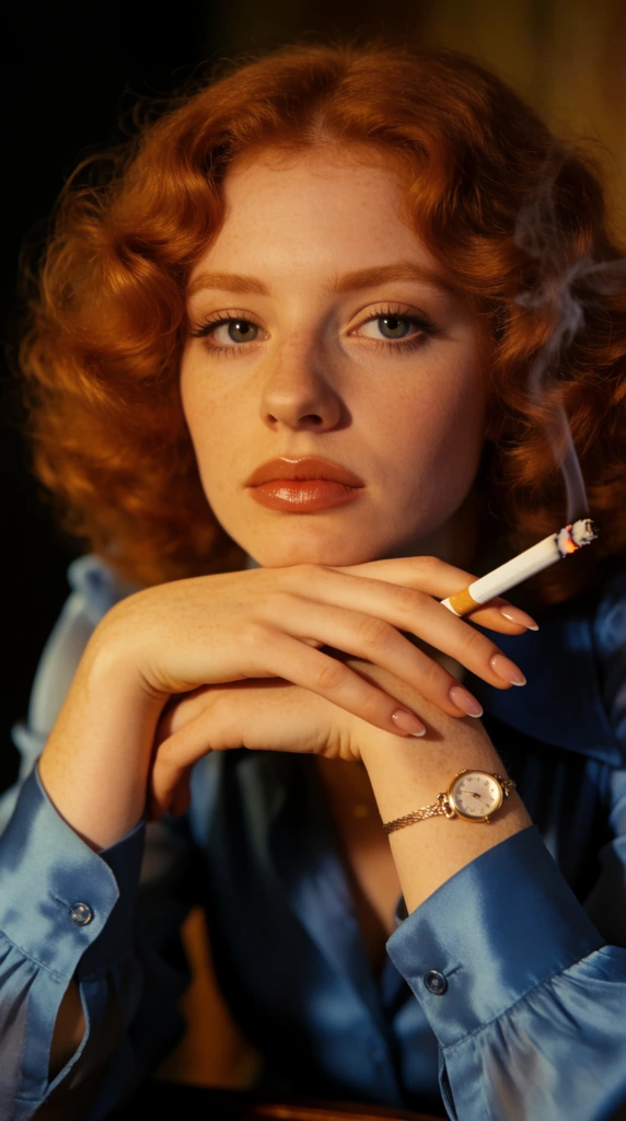 young woman with curly red hair resting chin on crossed hands, holding a lit cigarette between manicured fingers, wearing a blue silk blouse, delicate gold watch on wrist, vintage 1970s portrait photography, warm cinematic lighting, glossy lips, dark background