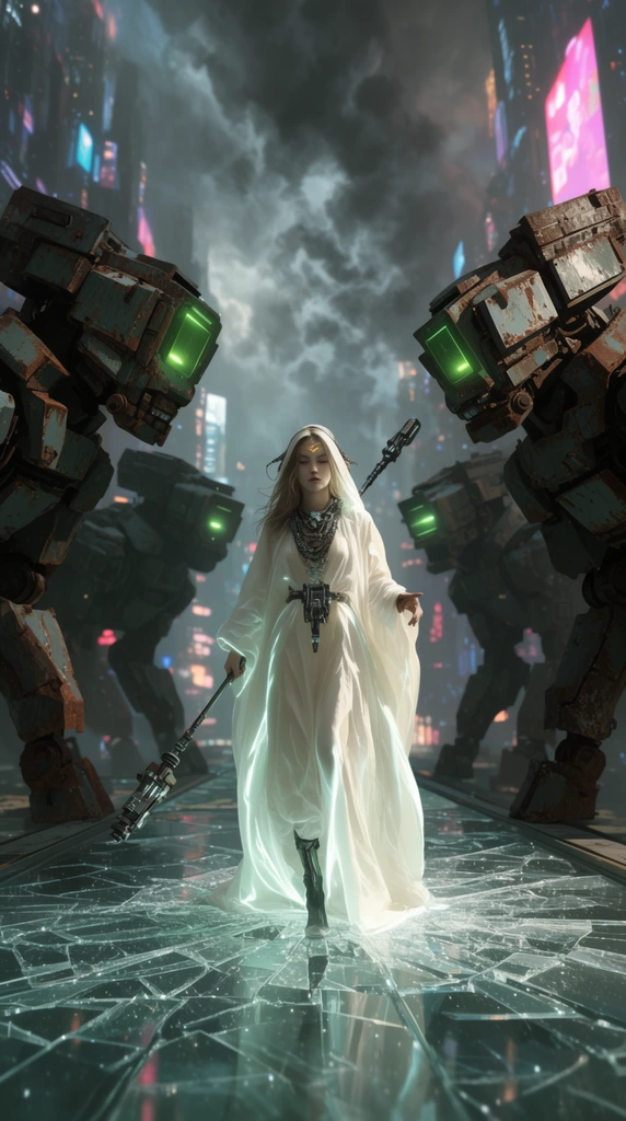 A female cyber-shaman in glowing white robes wields a techno-staff on a shattered glass bridge. Massive, rusted quadruped mechs with blocky armor and glowing green visors form a defensive circle around her. They stand within a neon-lit futuristic canyon under a smoky, turbulent sky, rendered with cinematic contrast between pristine fabric and weathered metal.