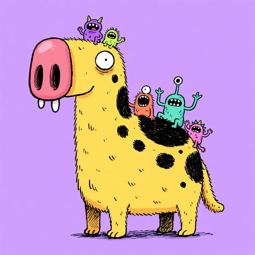 whimsical cartoon illustration, tall yellow creature with black spots and oversized pink snout, tiny bizarre colorful monsters riding its back, solid light purple background, sketchy ink line art, flat vibrant colors