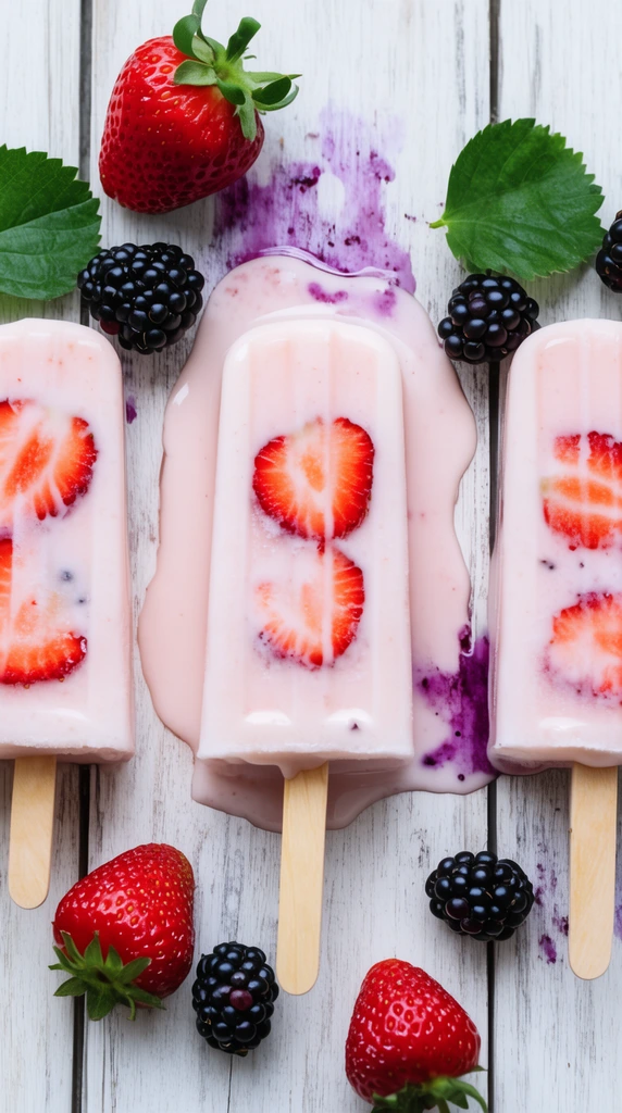Three pale pink creamy fruit popsicles rest on a distressed white slatted wooden surface scattered with fresh strawberries, blackberries, and green leaves. The treats contain embedded strawberry slices. The central popsicle melts into a thick puddle. Bright top-down lighting emphasizes the vibrant red berries and purple stains against the pale wood.