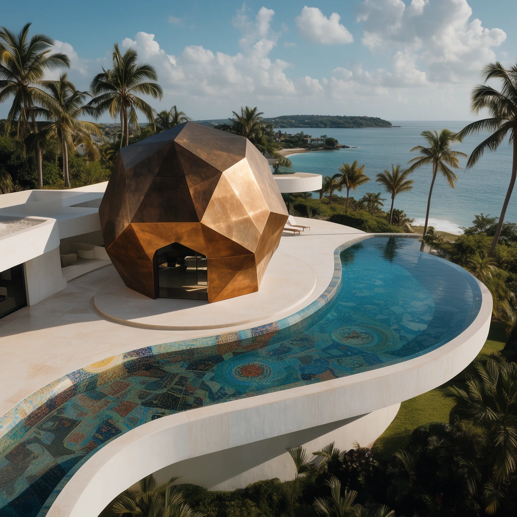 modernist coastal estate, sweeping white plaster terraces, massive geometric bronze dodecahedron pavilion, curving mosaic-tiled infinity pool overlooking a tropical bay, tall palm trees, bright afternoon sunlight, cinematic wide aerial shot