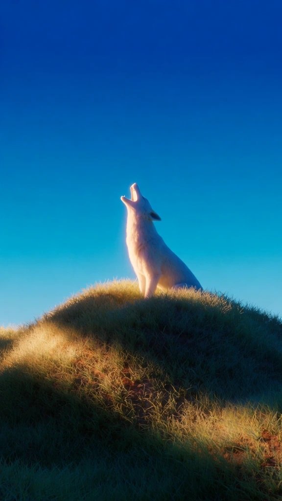minimalist low-angle perspective, a mythical white creature with a sleek sculptural body perched atop a lush grassy hill, wide-open gaping mouth roaring at the sky, sharp side-lighting from the golden hour, deep shadows, textured green grass with detailed brown tips, vibrant gradient cobalt blue sky, clean surreal aesthetic, high-resolution cgi render, sharp focus, hyper-realistic textures, simplistic composition, dreamlike atmosphere.
