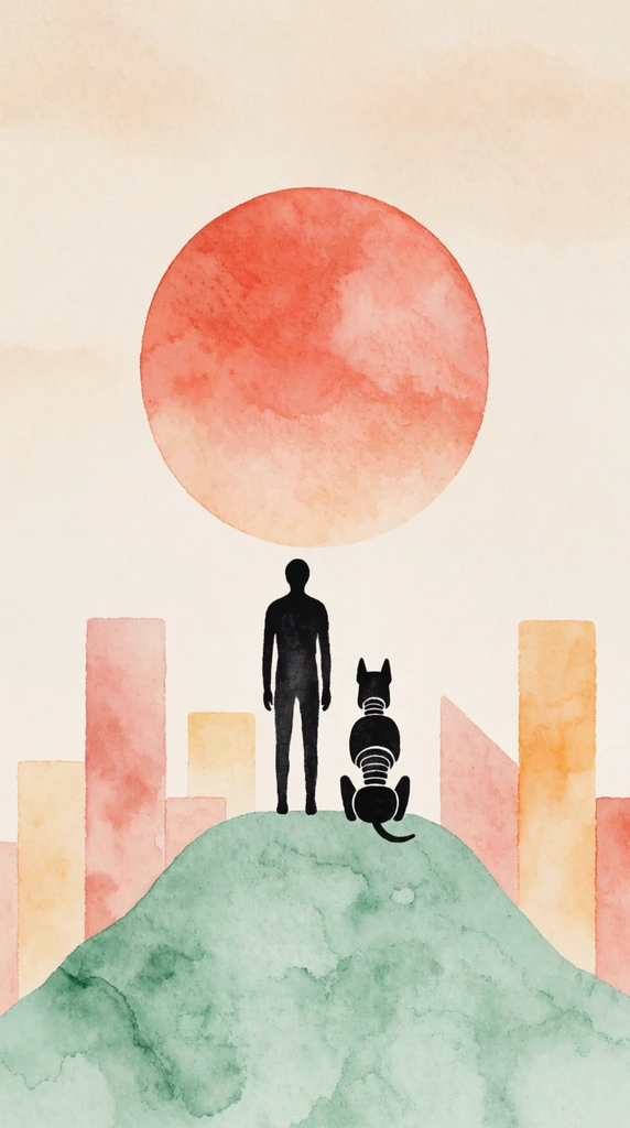 minimalist watercolor illustration, silhouette of a tall humanoid and robotic dog on a mint green textured mound, giant coral sun, geometric skyline, soft beige sky, pastel gradients