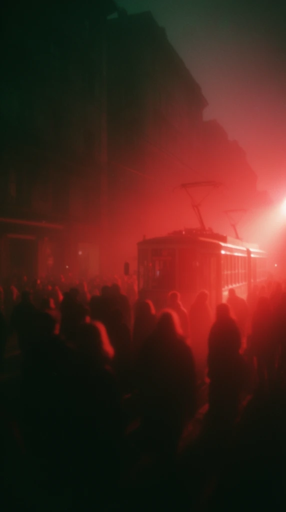 A crowded city street with buildings and a tram bathed in intense, hazy neon red light and deep, crushing shadows. A dense throng of pedestrians and a large tram fill the thoroughfare, their forms appearing as dark, soft-edged silhouettes against an overwhelmingly bright, directional light source. Towering city buildings flank the street, standing as solid dark masses within a thick, smoky atmosphere. A piercing spotlight of vivid neon red-orange illuminates the scene from the far right edge, creating dense, glowing volumetric fog that bleeds heavily across the frame. This intense side-lighting wraps around the right edges of the tram and the shoulders of the crowd, highlighting them in glowing crimson while rendering the left side of the street in total darkness. Subtle tones of murky emerald green tint the deep black shadows in the upper left corner. The composition features heavy, textured analog film grain, soft focus, and a prominent halation effect that diffuses the harsh red light into a smooth, cinematic gradient across the environment.