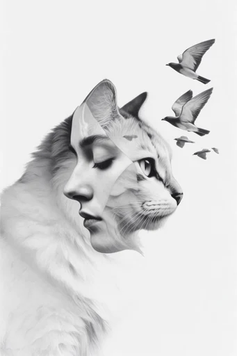 Monochromatic Surrealist Deconstruction style reference image — conceptual double exposure