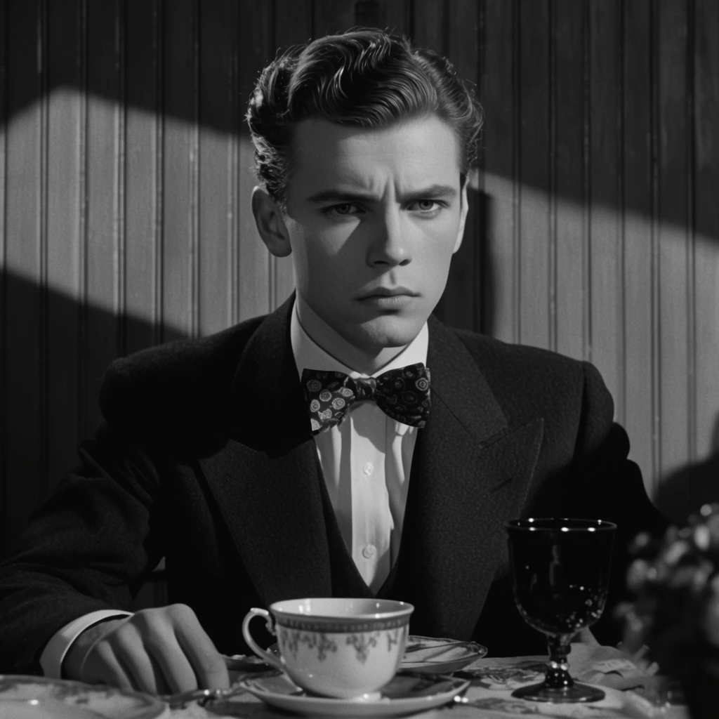 black and white vintage film still, medium close-up of a young man with slicked-back wavy hair and serious expression, wearing a dark suit and patterned bow tie, seated at a dining table with a teacup and dark goblet, dramatic chiaroscuro lighting, hard geometric shadows on a vertical paneled wood wall, 1940s cinema style, sharp focus