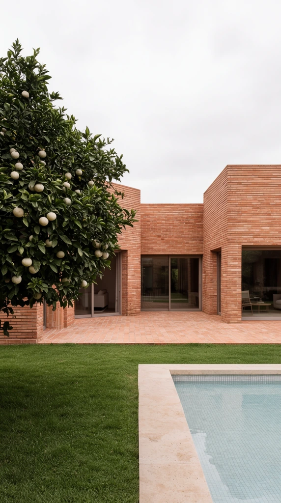A modern, single-story home constructed of textured terracotta bricks features a central courtyard, a swimming pool, and a large citrus tree under a bright overcast sky. The staggered, cubic building volumes are defined by thin horizontal bricks and flat roofs, punctuated by large sliding glass doors that reveal glimpses of interior furniture. In the left foreground, a dense tree with dark green leaves bears pale round citrus fruits. The ground seamlessly transitions between brick-paved patios and vibrant green lawn. In the lower right, a rectangular swimming pool with light stone coping and blue mosaic tiles holds pale water. The architectural photography utilizes an orthogonal composition to emphasize raw material textures and an earthy palette of warm terracotta, lush greens, and soft grays.