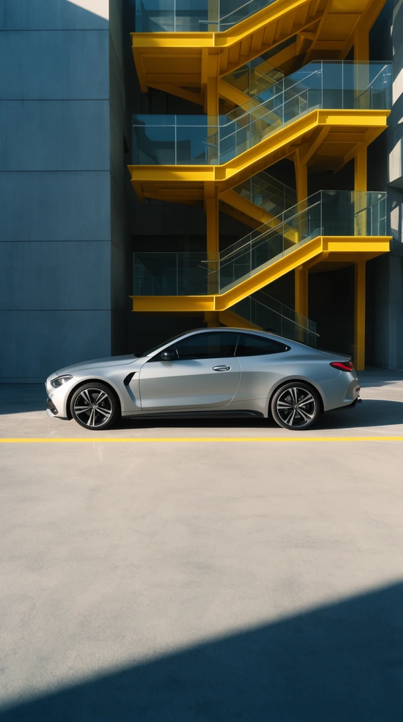 sleek silver coupe in strict side profile, modern architectural background, vibrant yellow external metal staircase with glass balustrades, smooth concrete ground intersected by a yellow line, strong directional sunlight, hard deep shadows, cool grey and warm yellow contrast, sharp automotive photography