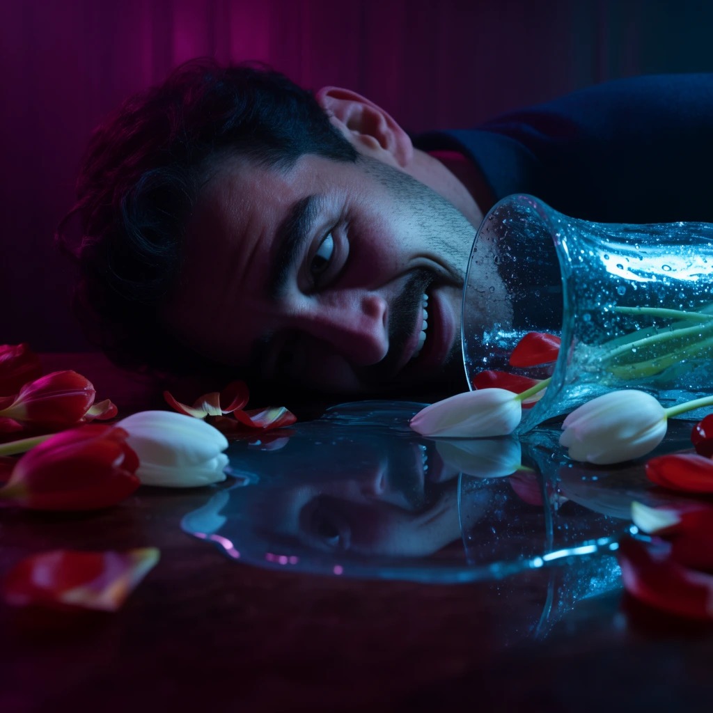 A cinematic close-up of spilled water on a dark table reflecting a man's expressive face, surrounded by scattered red and white tulip petals and a tipped-over glass vase. Moody neon-noir lighting washes the scene in deep magenta and vivid cyan, sharply illuminating the textured, wet glass. The shallow depth of field and glossy puddle create a dramatic, atmospheric aesthetic.