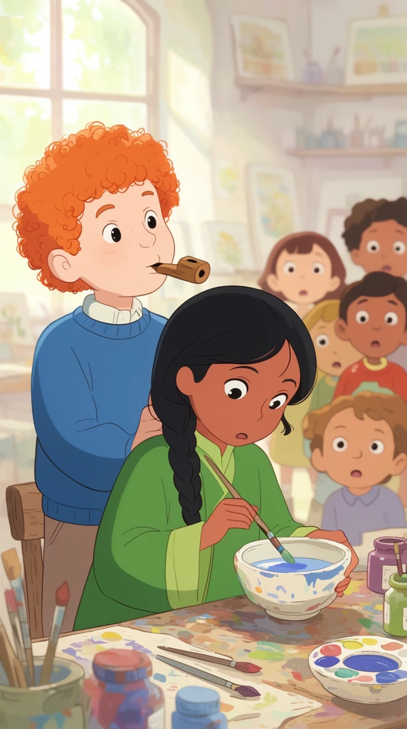 A boy with curly orange hair in a blue sweater blows a wooden whistle behind a girl with long black braids. She sits at a workbench in a green tunic, painting a bowl. In a sunlit art studio, other children watch with surprised expressions, rendered in a bright 2D animation style with soft pastel lighting and shallow depth of field.