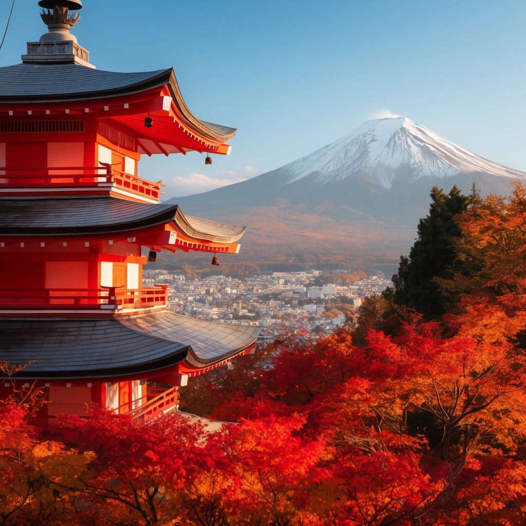 A vibrant vermillion pagoda with tiered gray roofs and curved eaves stands on the left, framed by dense red and orange autumn maple leaves. A sprawling valley city lies below, leading to a massive snow-capped volcanic mountain in the distance. Warm directional sunlight illuminates the bright architecture against a clear blue sky, emphasizing the vivid natural hues and the immense scale of the mountain peak.
