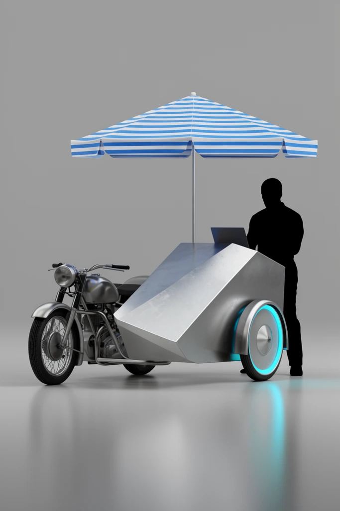 A 3D render of a vintage motorcycle attached to a large, angular silver sidecar workstation on a seamless grey backdrop. The metallic sidecar features a glowing cyan wheel accent and a blue-and-white striped umbrella. A solid black human silhouette stands at the rear, operating the station under soft studio lighting with subtle floor reflections.