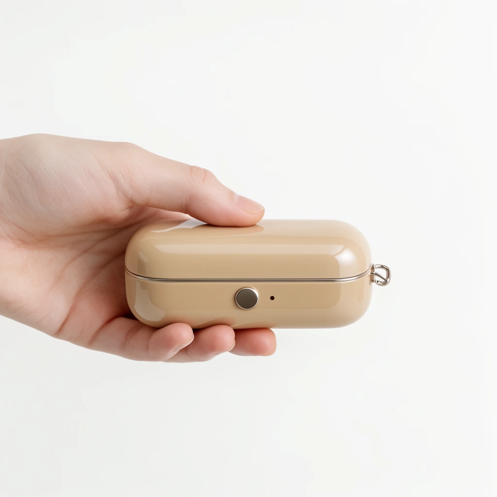 A fair-skinned hand entering from the left holds a glossy, beige rectangular case with rounded corners against a seamless white background. The smooth object features a horizontal metallic seam, a circular metallic button on its front face, a tiny dark dot beside it, and a small metallic side loop. The fingers gently cradle the base while the thumb rests on top. This minimalist product photography employs bright, diffused, high-key lighting to emphasize the clean design, warm neutral color palette, and soft, subtle shadows.