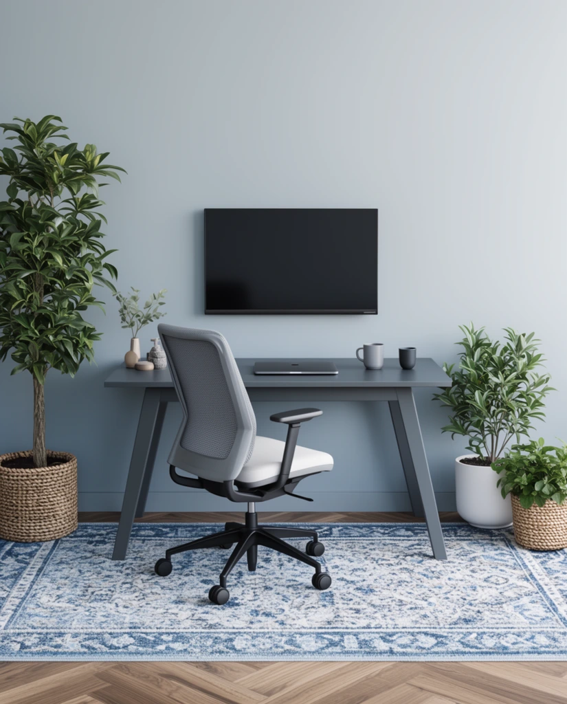 A minimalist home office setup featuring a dark gray desk with angled legs positioned against a light blue-gray wall. Above the desk, a rectangular flat-screen monitor is mounted on the wall. On the desk, there is a closed laptop, a gray mug, a dark cup, and small decorative items. An ergonomic office chair with a gray mesh back, white seat, and black base with wheels faces the desk. To the left, a tall, leafy green plant sits in a woven basket. On the right, two smaller plants are housed in a white pot and a matching woven basket. The setup is resting on a large, rectangular rug with a blue and white patterned design, laid over a wooden herringbone floor.