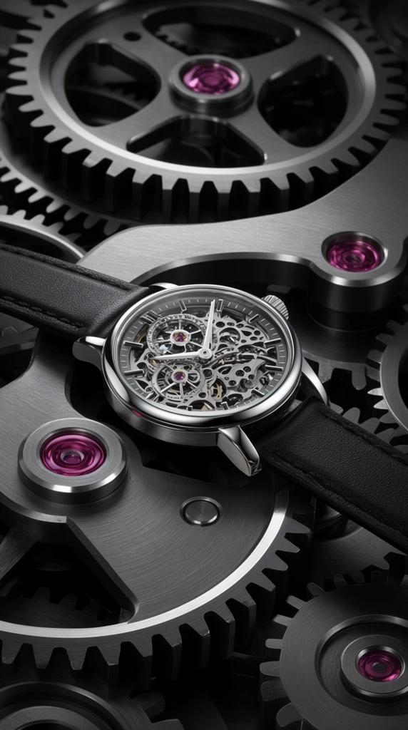 A skeletonized wristwatch with a black leather strap rests upon a colossal landscape of interlocking dark metal gears. The immense grey cogs form a surreal pedestal, featuring a brushed matte finish with polished, chamfered edges. Embedded within the massive bridges are striking magenta jewel bearings, providing vibrant color against the monochromatic silver and black palette. Dramatic studio lighting highlights the intricate micro-mechanics of the watch face against the exaggerated macro-scale machinery, emphasizing deep textural contrast and precise depth of field.