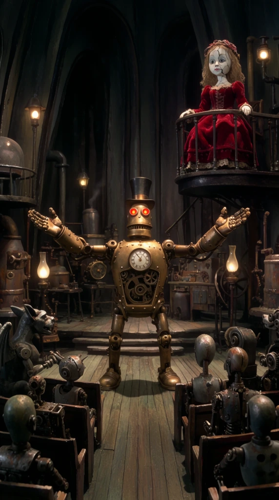 bulky brass clockwork robot with glowing red eyes and a top hat, arms spread wide in a grand gesture, standing center stage, cracked porcelain doll in a red velvet Victorian dress sitting on a high balcony, audience of rusted mechanical contraptions, metallic gargoyles, gear-driven mannequins sitting in wooden pews, dimly lit oily steampunk mechanic workshop, tall shadowy arches, flickering gas lamps, stop-motion animation style, dark industrial color palette, cinematic lighting, strong shadows, high contrast, wide angle perspective