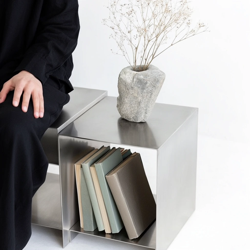 minimalist interior, seated person cropped on left wearing loose black clothing, hand resting on knee, beside a sleek brushed stainless steel modular table, rough gray stone vase on metal surface holding delicate dried stems, open lower shelf containing leaning hardcover books in muted sage and taupe, stark white background, bright diffused high-key lighting, soft reflections on steel, organic textures juxtaposed with industrial metal, contemporary editorial photography