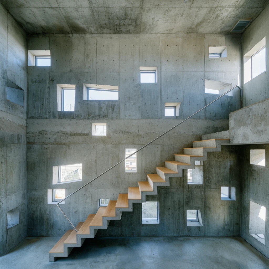 brutalist concrete interior, floating zigzag staircase with light wood treads, exposed concrete walls, randomly scattered small rectangular windows, irregular window cutouts, thin diagonal metal handrail, bright natural daylight, minimalist architecture, wide-angle perspective