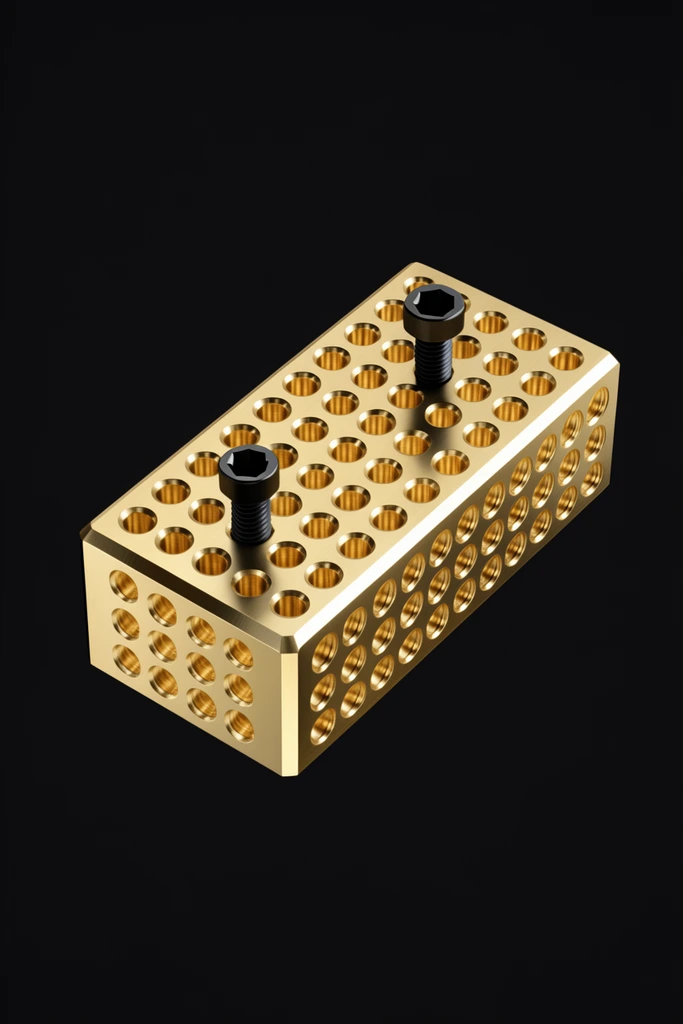 A precision-machined, gold-toned rectangular metal block floats at an isometric angle against a solid black background. The highly polished block features a uniform grid of circular holes across its visible faces. Two matte black hex socket screws protrude from the top surface. Minimalist studio lighting highlights the sharp chamfered edges and reflective metallic finish, emphasizing industrial precision.