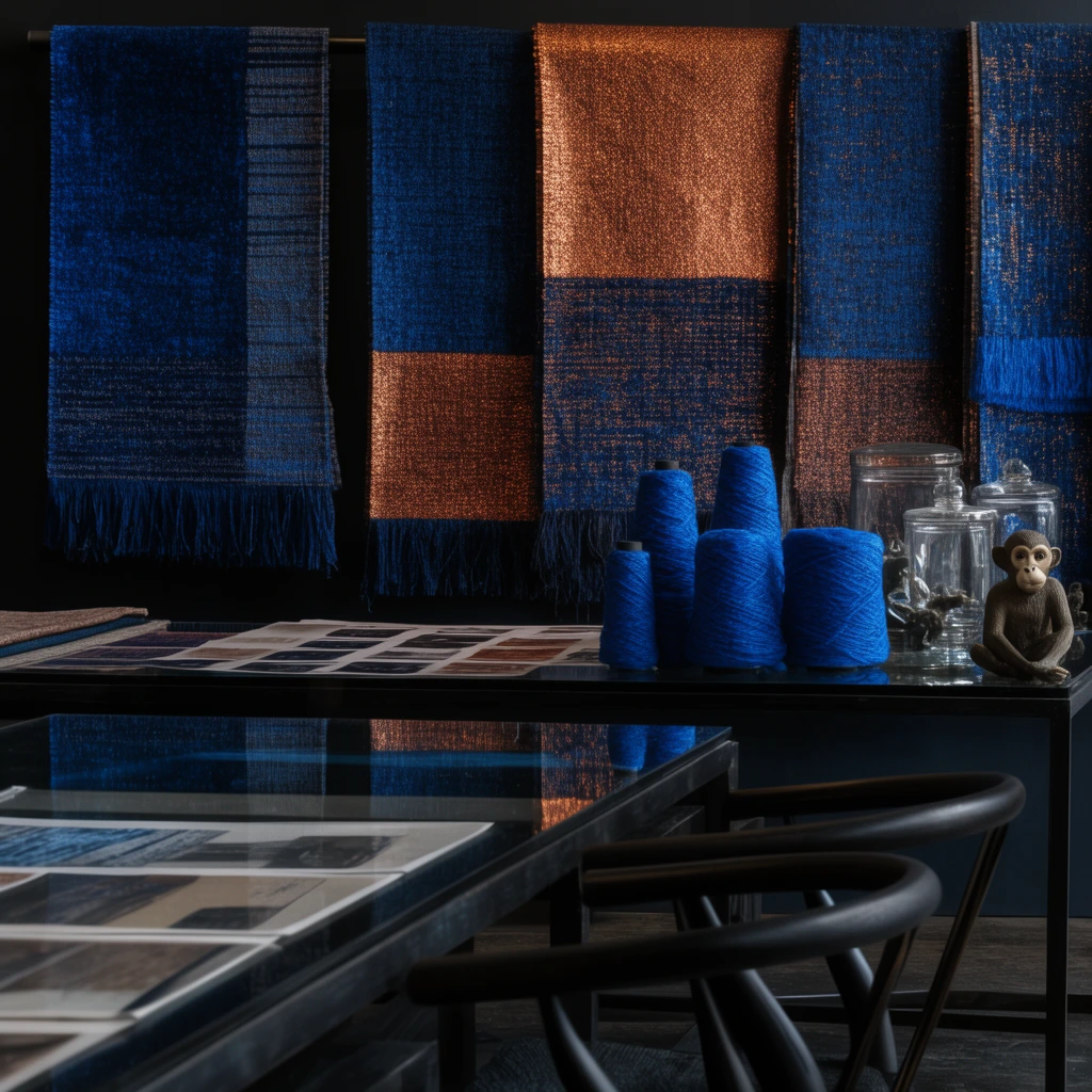 interior textile showroom, hanging woven fabric swatches on a dark wall, color-blocked patterns in deep blue and copper, heavy textures, metallic threads, fringed edges, dark glass-topped display tables, printed sheets under glass, spools of bright blue yarn, glass jars, small monkey figurine, curved black wooden chairs, moody atmospheric lighting, rich tactile surfaces, sharp focus