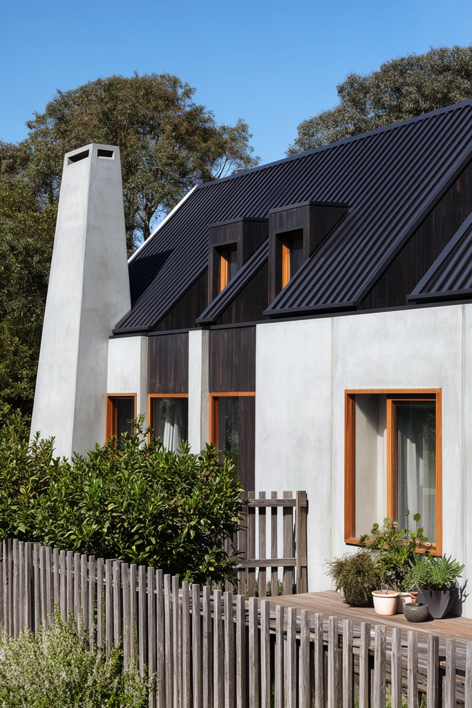 A modern architectural house features smooth light grey concrete walls and a steeply pitched, dark corrugated metal roof with two recessed dormer windows. Dark vertical wood cladding and warm wooden window frames contrast the light exterior. A tall, tapered concrete chimney rises on the left. A weathered wooden slat fence, lush green shrubs, and a wooden deck with potted plants frame the foreground. Shot in bright daylight under a clear blue sky, crisp shadows highlight the geometric building forms against a backdrop of mature trees.