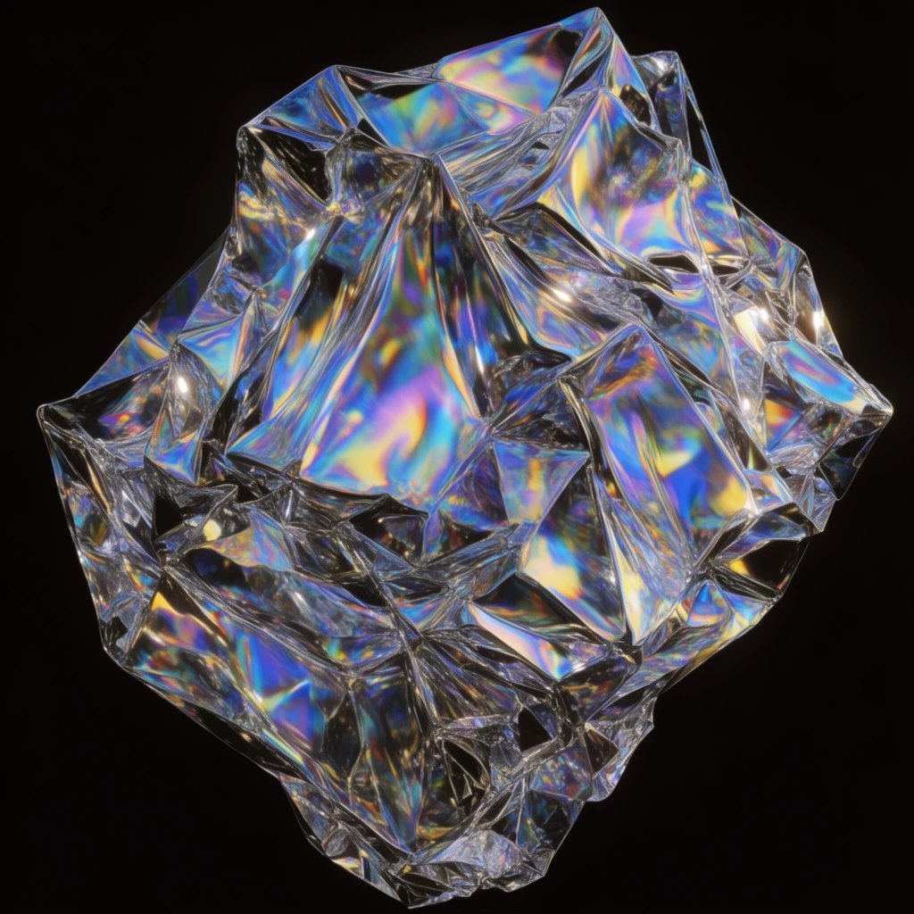 iridescent crumpled crystalline form suspended against a pitch-black background, highly faceted transparent surface resembling shattered glass or wrinkled holographic foil, sharp angular creases and chaotic geometric folds, complex light refraction, thin-film interference creating a vibrant rainbow spectrum of electric blue, purple, yellow, and green metallic hues, deep contrasting shadows within the crevices, hyper-realistic 3D render, macro photography style, stark contrast, mesmerizing optical dispersion, glossy reflective highlights