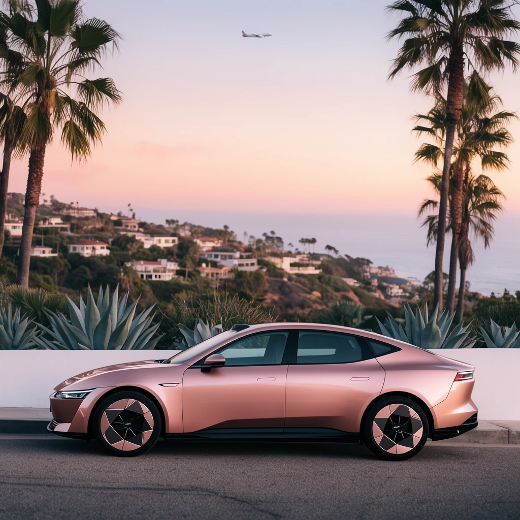 A metallic rose-gold sedan parks along a coastal road during twilight. The aerodynamic vehicle features geometric wheel hubs and dark tinted windows in side profile. A stark white wall and spiky agave plants sit behind it, framed by tall palm trees. The background reveals hillside houses cascading to the ocean under a soft gradient pastel sky containing a small distant airplane. Cinematic automotive photography featuring warm golden hour lighting, clean composition, and pastel coastal colors.