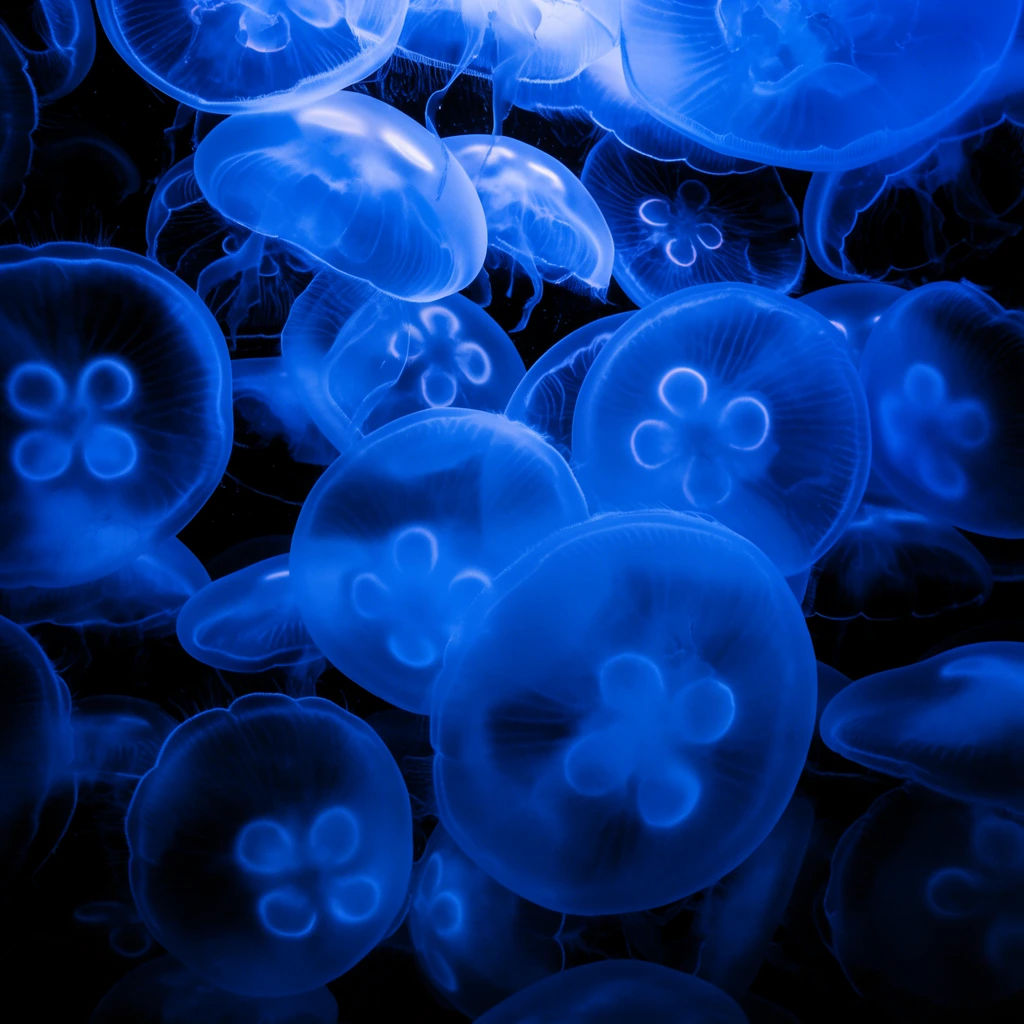 A dense bloom of translucent moon jellyfish glowing vibrant blue against a pitch-black background. The overlapping saucer-shaped bodies reveal distinct clover-like internal structures illuminated by high-contrast underwater lighting.
