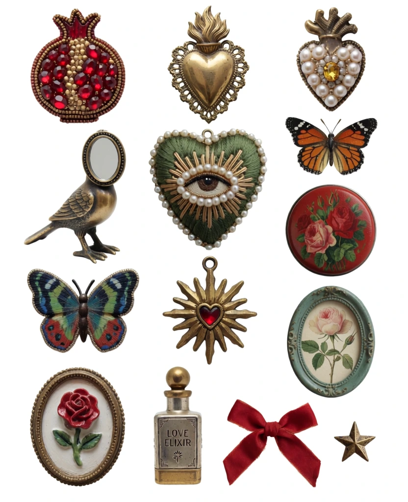 A collection of twelve eclectic, vintage-style decorative objects and charms is arranged in four loose rows against a solid white background. At the top left, a circular pomegranate brooch is intricately detailed with red gemstone seeds and gold beading. To its right is a golden sacred heart pendant with a central flame and ornate filigree edges, followed by a human heart-shaped brooch encrusted with white pearls and a single yellow gem. The second row begins with a bronze-colored bird figurine whose head is replaced by an oval mirror. Next to it is a large, green embroidered heart featuring a central eye surrounded by pearls and golden rays. To its right, an orange and black butterfly rests above a round, red tin decorated with a painting of red roses. The third row displays a blue, green, and red butterfly with patterned wings next to a golden sunburst pendant with a small red heart at its center. To the right is an oval, teal-colored frame containing a botanical illustration of a pale pink rose. The bottom row features an oval, gold-rimmed frame with a raised red rose on a white background, a rectangular silver and gold "LOVE ELIXIR" bottle with a round stopper, and a red silk ribbon tied in a bow next to a small, five-pointed gold star. The image is a flat lay composition with even, soft lighting that highlights the textures of the beads, metal, and fabric, creating a collage of mystical and romantic artifacts. Inscribed on the silver bottle is the text "LOVE ELIXIR" in an all-caps, serif font, with a small floral symbol below it.