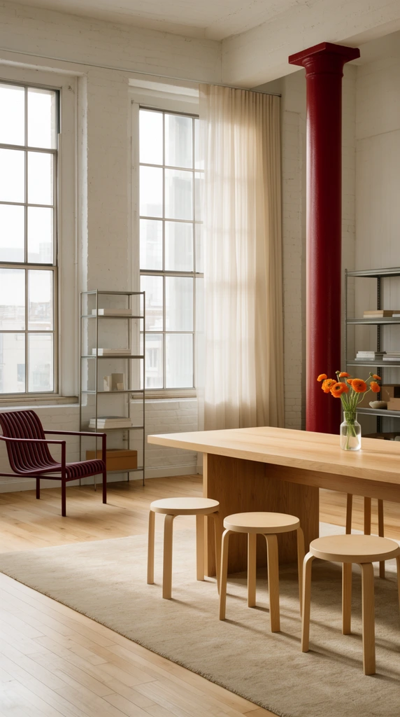 minimalist loft interior, large wooden table, light wood round stools, vase with orange flowers, dark red slatted armchair, tall multi-pane windows, white painted walls, thick red cylindrical column, metal shelving unit, sheer curtain, warm natural daylight, light hardwood floors, beige area rug, architectural photography