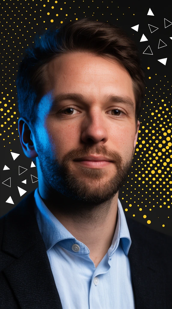 Medium close-up portrait of a man with a trimmed beard wearing a dark blazer and light blue shirt. He is set against a dark graphic background scattered with abstract yellow dots and white geometric triangles. A cool blue rim light hits his left profile.