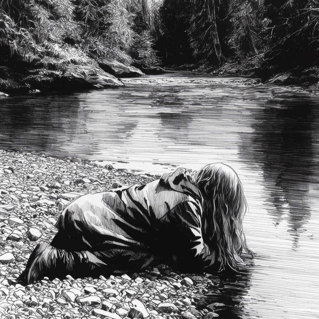 Prone figure on a rocky riverbank, long hair nearing water, thick clothing, dense dark forest, wide stream, black and white ink illustration, intricate cross-hatching, high contrast stark shadows, parallel line water reflections