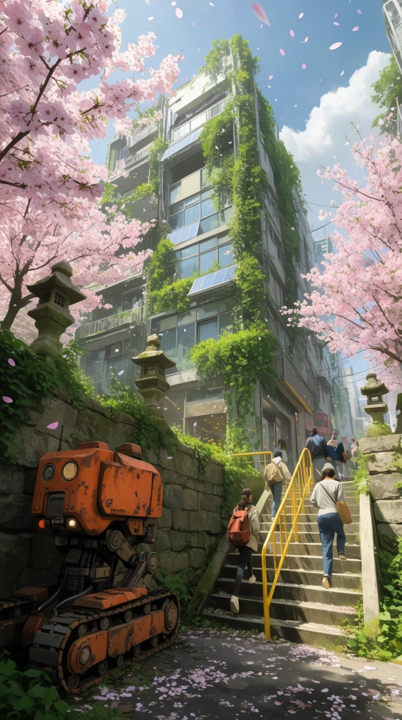 overgrown solarpunk city street, rusty orange tracked industrial droid beside a stone wall, falling cherry blossom petals, pedestrians climbing concrete stairs with yellow railings, modern multi-story building draped in lush green vines, traditional stone lanterns, bright daylight, highly detailed digital concept art