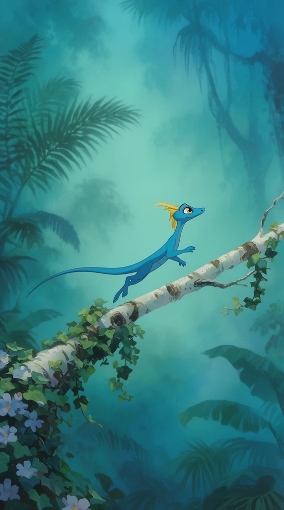 A slender, bright blue reptilian creature with a yellow crest leaps gracefully along a pale birch branch. The 2D animated character features large golden eyes and a long tail streaming behind in mid-bound. Thick flowering ivy wraps the white bark of the protruding wood. The background showcases a deeply atmospheric, hazy tropical jungle rendered in brilliant turquoise and cyan. Silhouettes of massive ferns and broad-leafed palms fade smoothly into the luminous, foggy gradient of the dense canopy in a cinematic, traditional animation style.