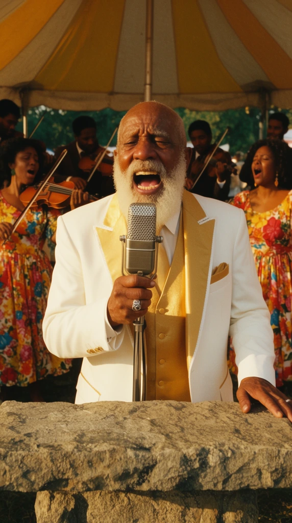 An elderly man with a thick white beard and shaved head passionately sings into a vintage ribbon microphone behind a raw stone altar. He is dressed in a brilliant white and gold tailored three-piece suit, gripping the microphone with a silver-ringed hand. The scene takes place outdoors at a vibrant tent revival bathed in warm, cinematic golden hour lighting. In the soft-focus background, a lively string quartet performs alongside backup singers wearing bright floral dresses. The medium-shot composition features rich, high-contrast shadows, warm amber tones, and a slightly grainy 35mm film aesthetic, capturing the ecstatic energy of the musical performance.