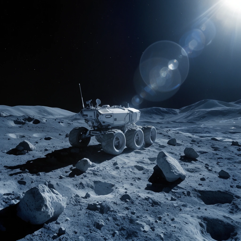 six-wheeled extraterrestrial rover traversing a desolate rocky landscape, scattered boulders on a cratered moon-like surface, pitch-black sky with faint stars, brilliant celestial light from upper right, prominent circular lens flares, monochromatic cool blue and grey palette, harsh directional lighting, deep shadows, cinematic wide shot