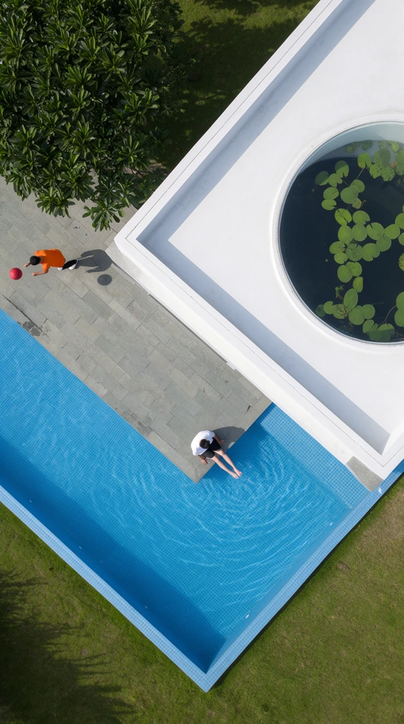 An aerial top-down view of a modern architectural landscape defined by sharp geometric intersections. A stark white L-shaped roof dominates the upper right, featuring a large circular skylight revealing a dark pond with green lily pads. Below, an L-shaped swimming pool with bright blue tiles borders a grey stone patio where a person in a white shirt sits dangling their feet in the water. In the upper left, a person in an orange shirt dribbles a red ball on the stone paving beneath a leafy green tree. Lush grass surrounds the structures. Bright, direct sunlight casts crisp shadows, emphasizing the minimalist composition, clean lines, and stark contrast between the vibrant organic elements and the concrete architecture.