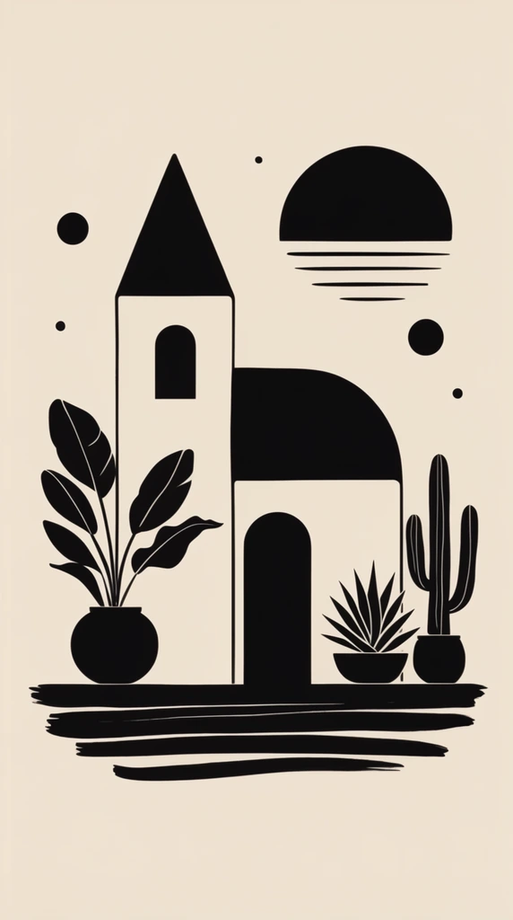 minimalist black silhouette graphic on a solid cream background, stylized geometric architecture, tall tower with a pointed roof and arched window, adjoining building featuring a curved black roof and arched doorway, large potted broad-leaf plant on the left, potted agave and saguaro cactus on the right, floating black circles, abstract sun motif of a semi-circle over horizontal lines, thick layered horizontal black brushstrokes forming the ground plane, flat vector illustration style, boho aesthetic, high contrast, smooth organic curves meeting sharp angles