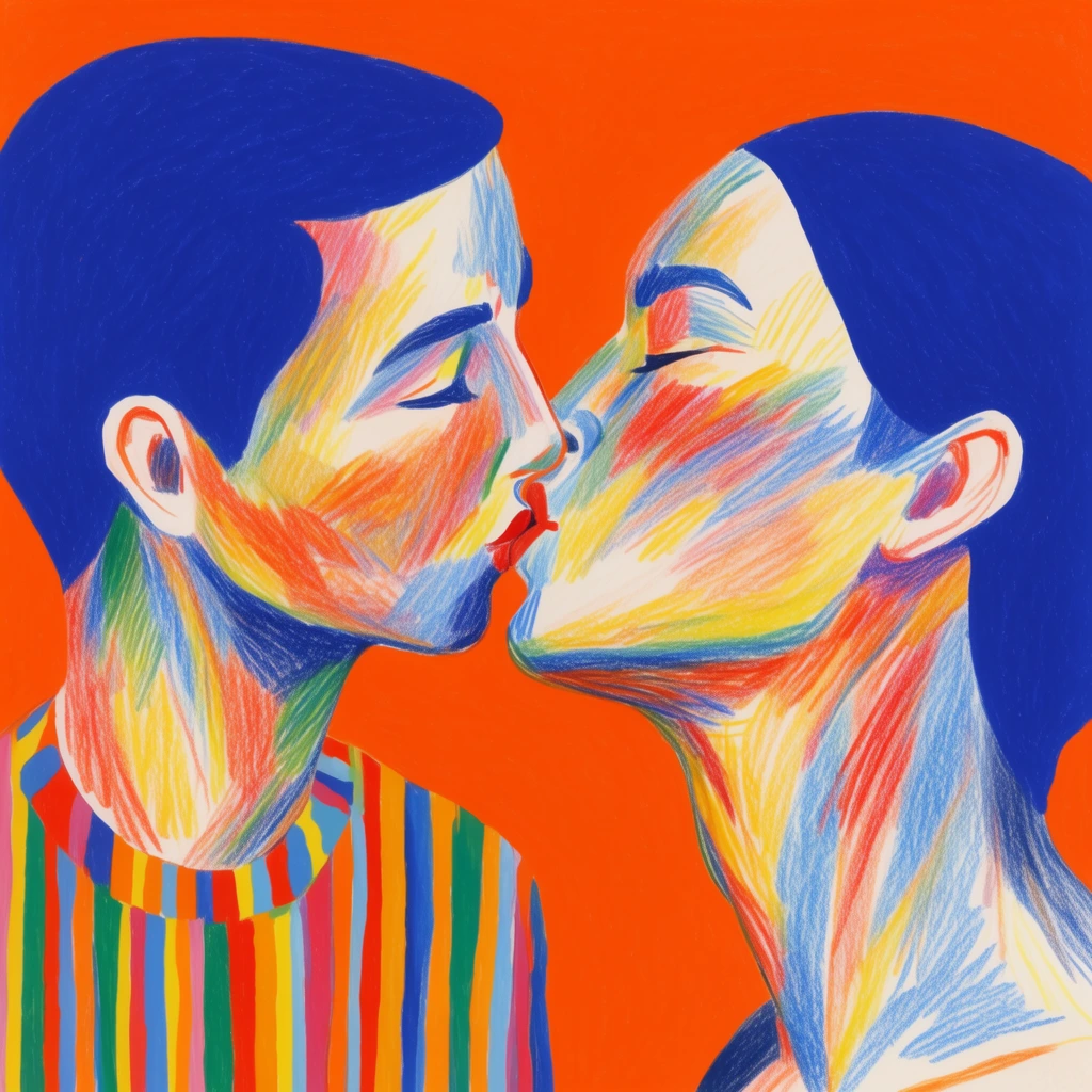 Two stylized figures in profile kiss against a vibrant solid orange background. Flat ultramarine blue hair contrasts with expressive, non-naturalistic colored pencil hatching in primary hues across their faces and necks. The left figure wears a brightly colored vertically striped shirt.