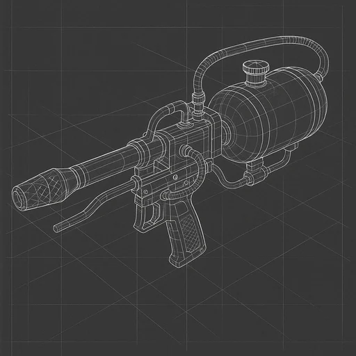 Wireframe blueprint sketch of flamethrower weapon