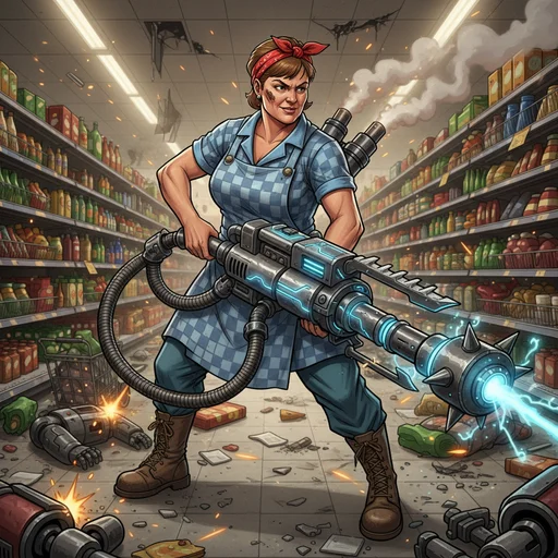 Beat-em-up game character concept: cleaning lady with vacuum weapon