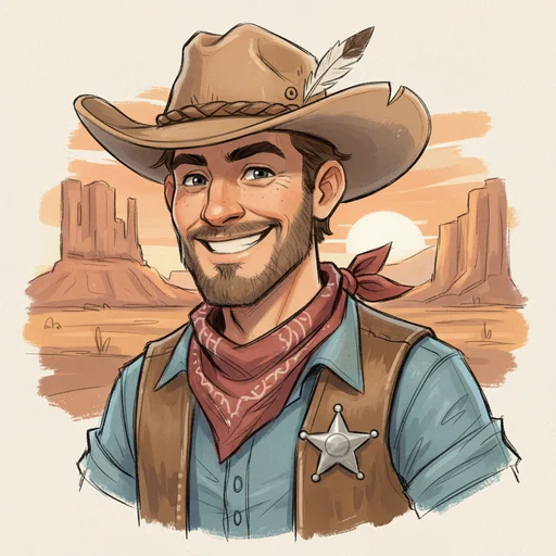 Character design sketch: friendly cowboy portrait